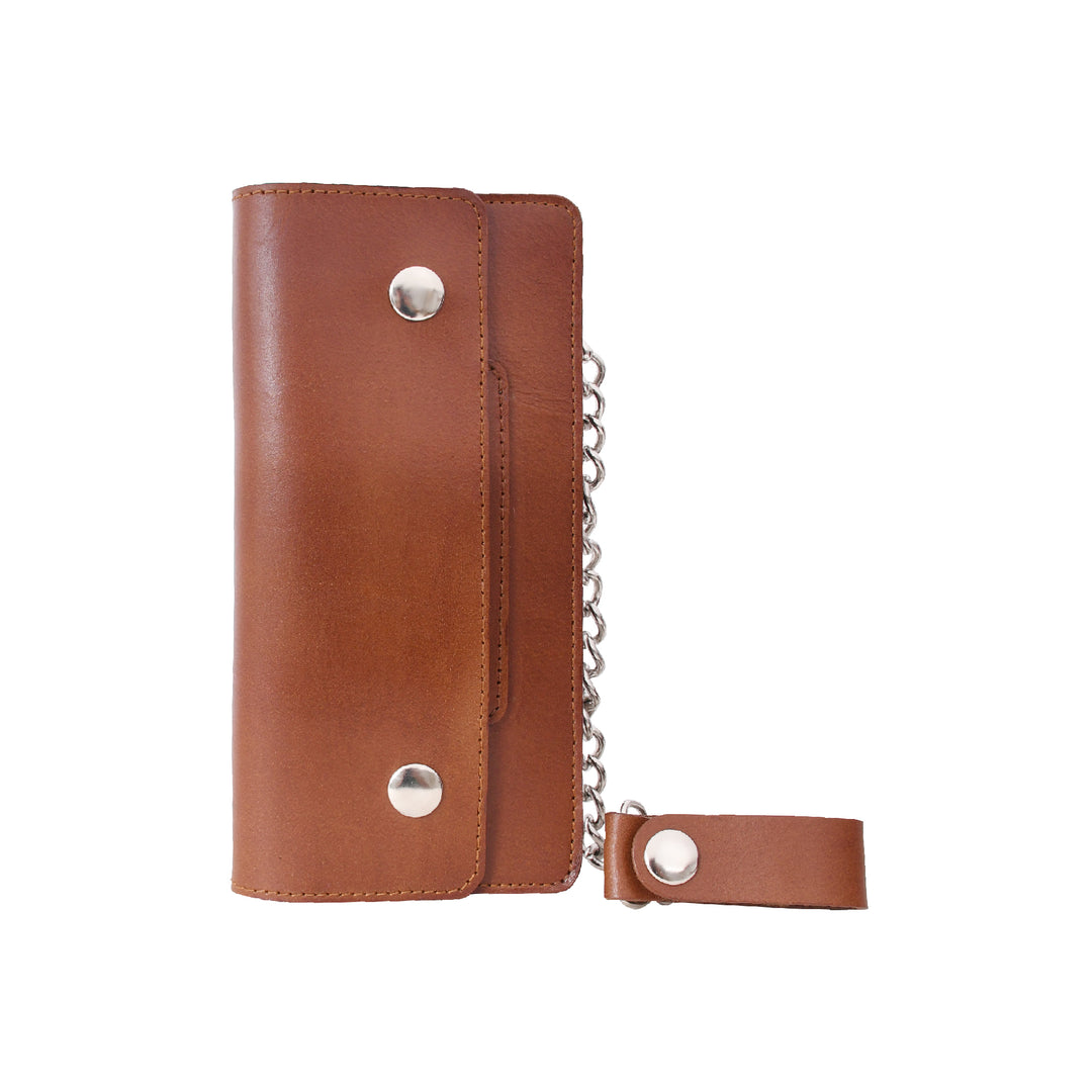Brown leather wallet with chain strap on a white background

