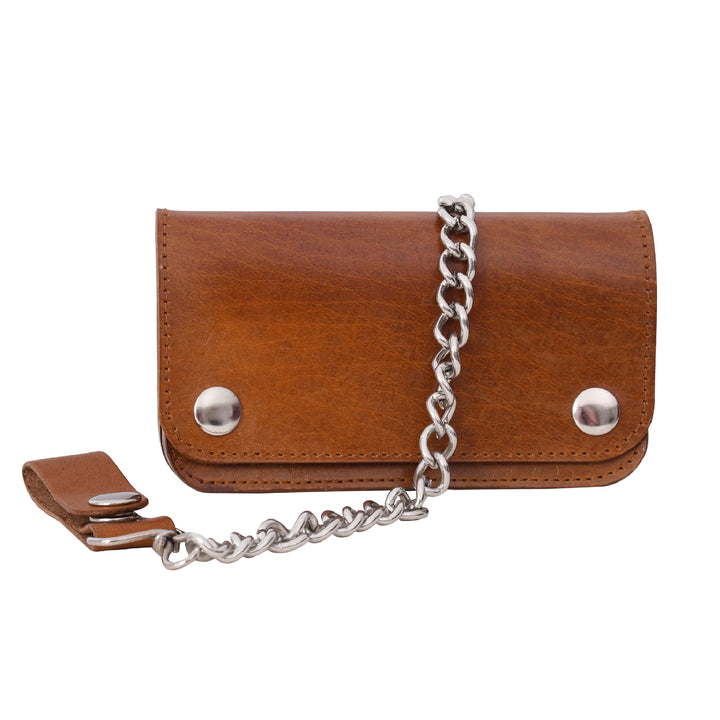 Brown leather wallet with a silver chain on a white background

