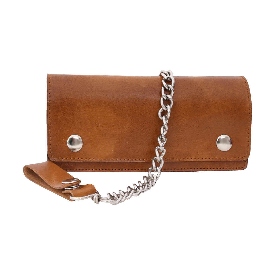 Brown leather wallet with a chain strap on a white background

