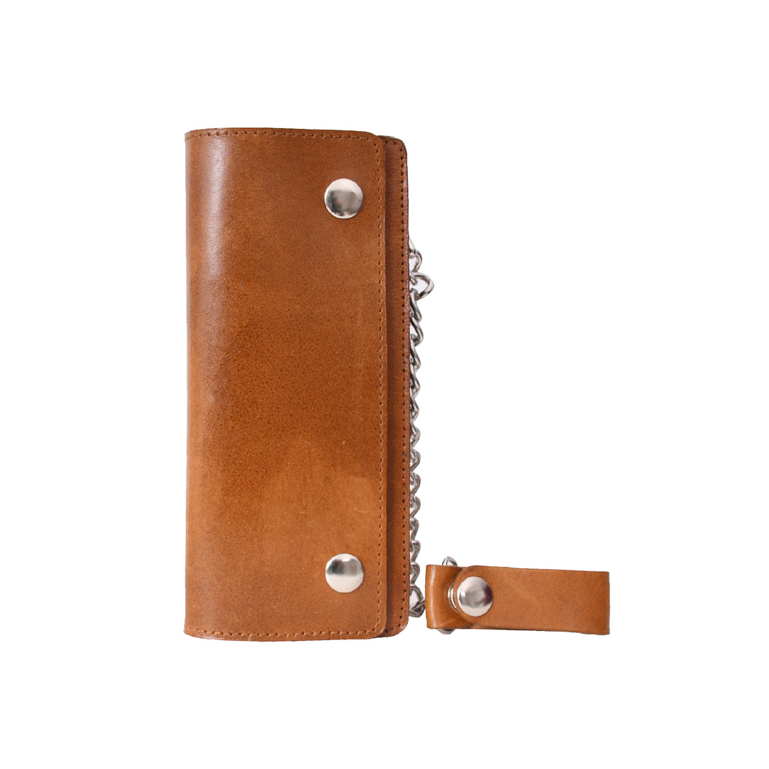 Brown leather wallet with chain strap on a white background

