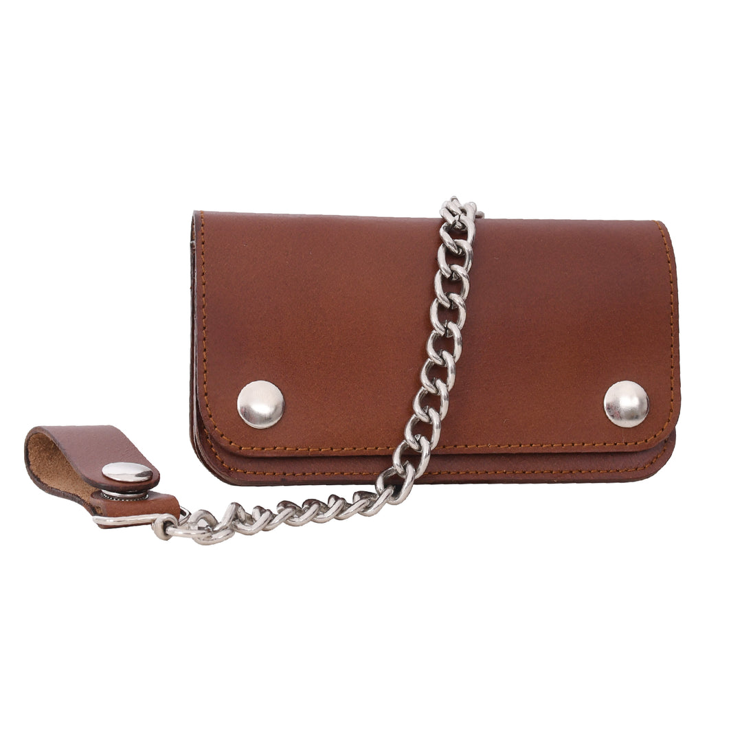 Brown leather wallet with a chain on a white background

