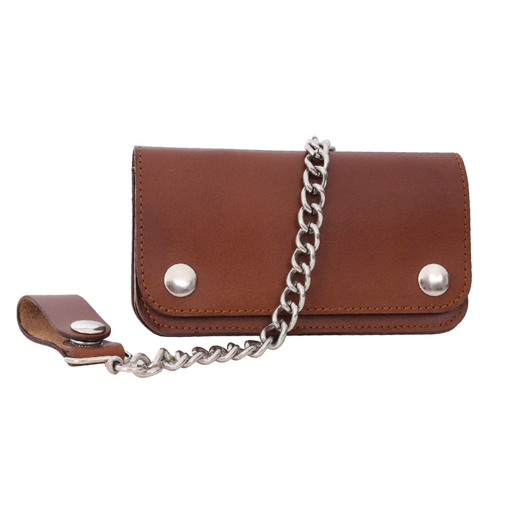 Brown leather wallet with a chain on a white background

