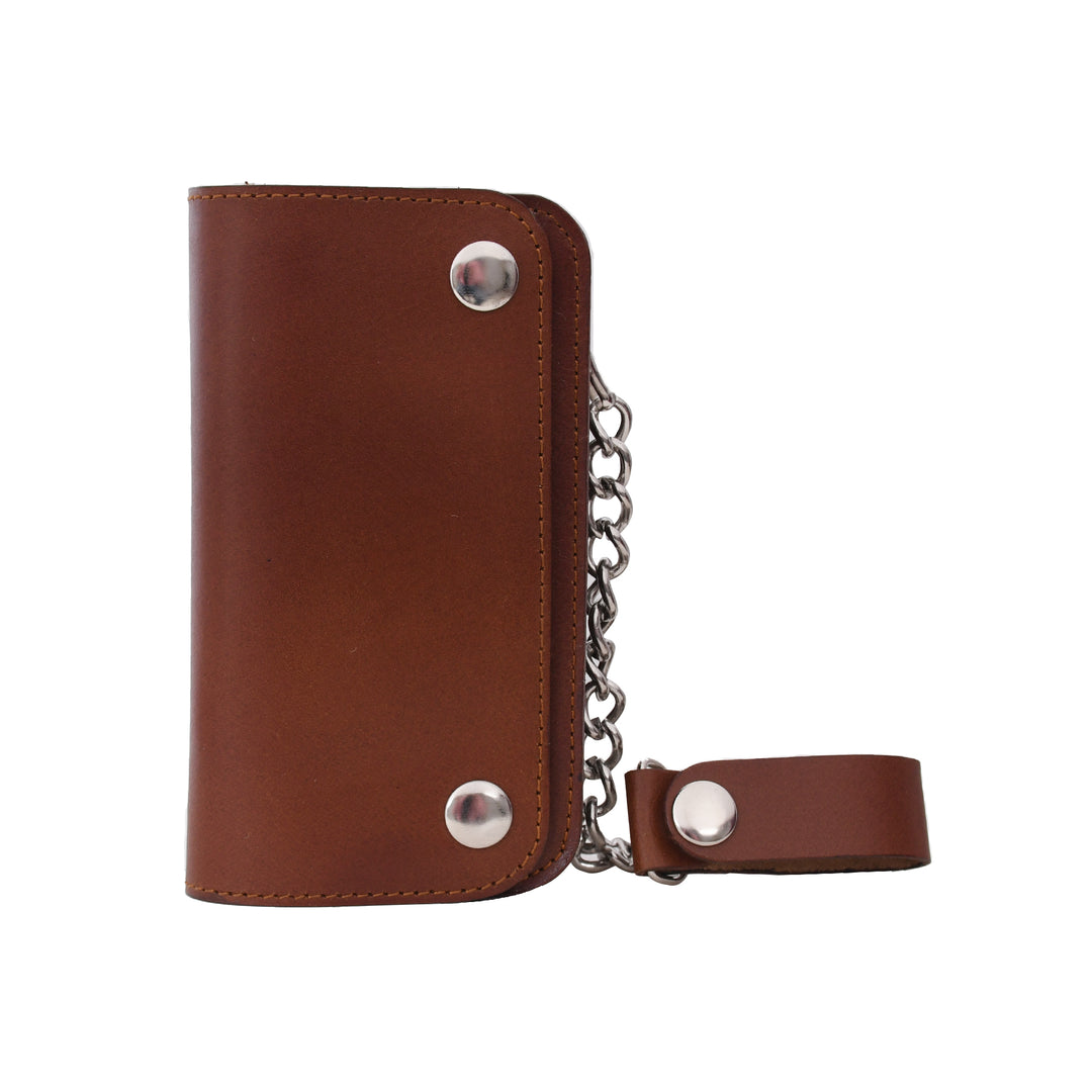 Brown leather wallet with chain and metal clasps on a white background

