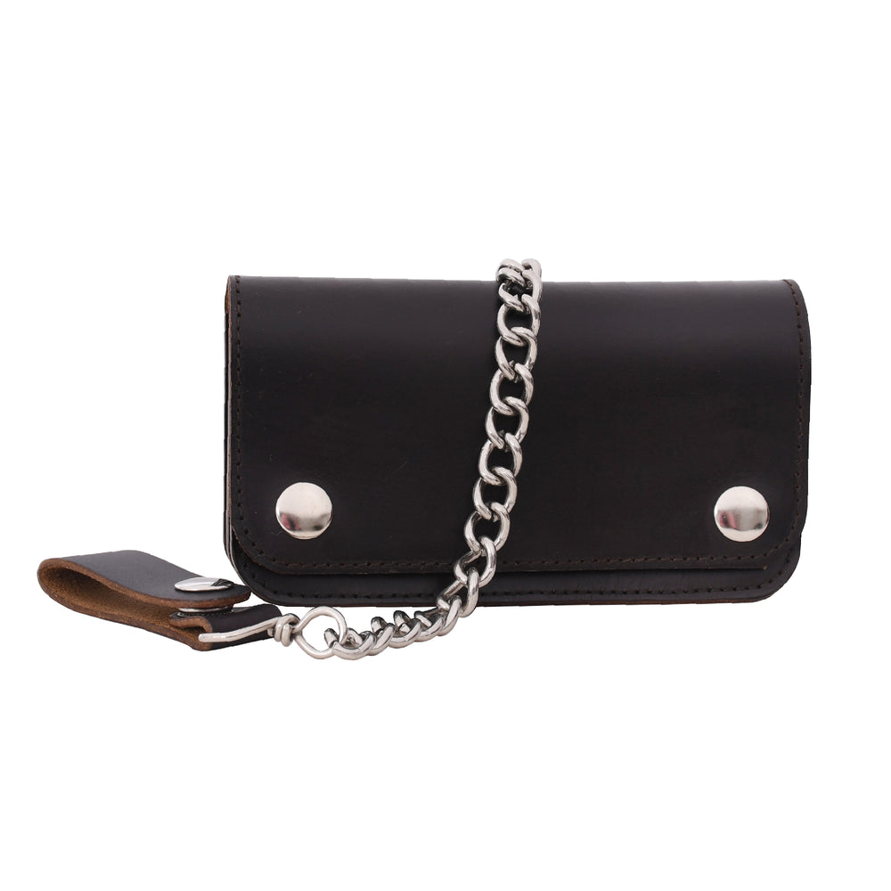 Black leather wallet with a silver chain on a white background

