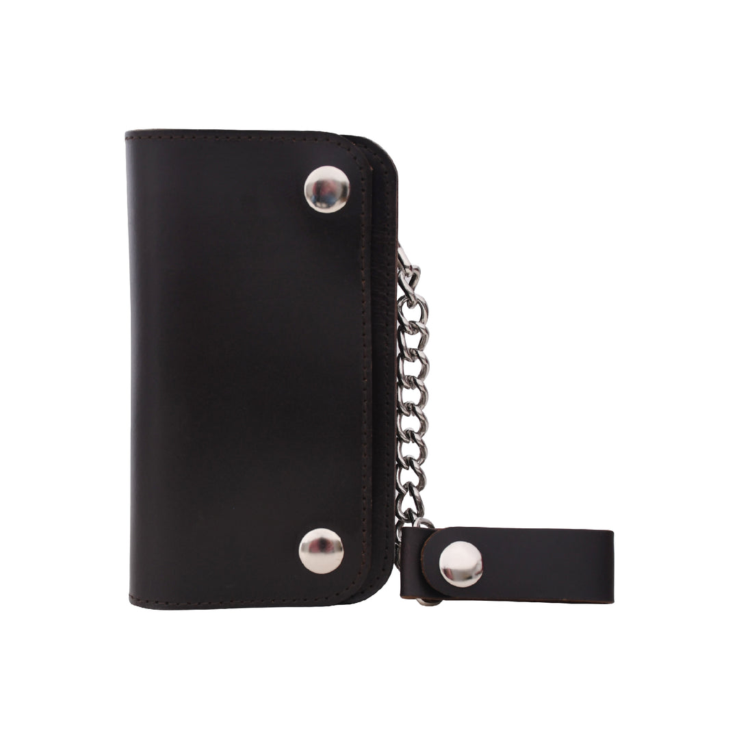 Black leather wallet with chain and strap on a white background

