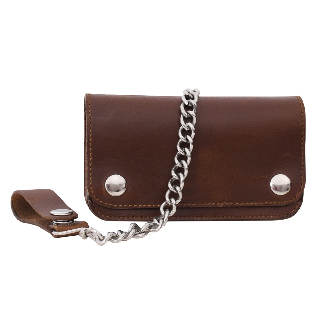 Brown leather wallet with silver chain on a white background

