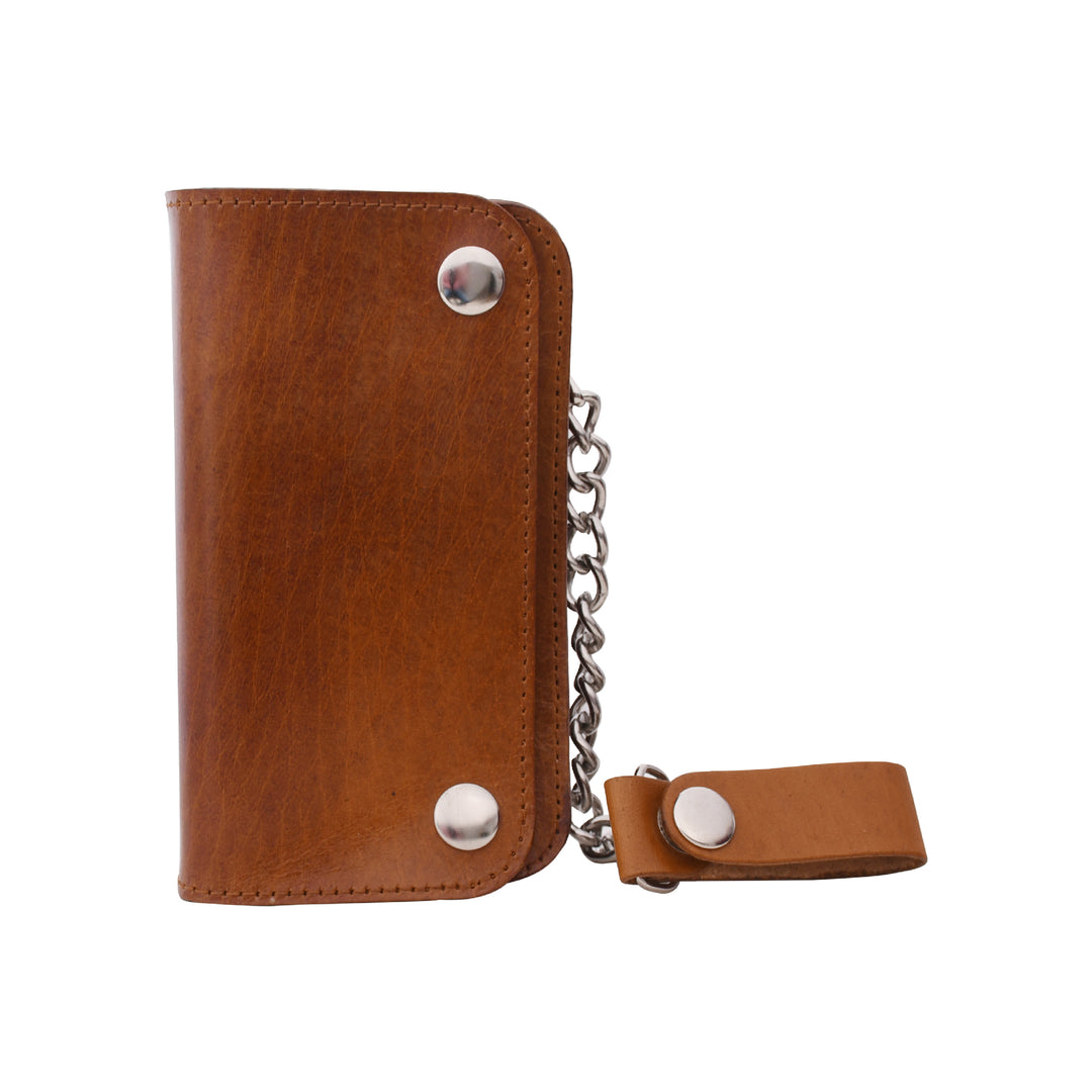 Brown leather key holder with chain on a white background

