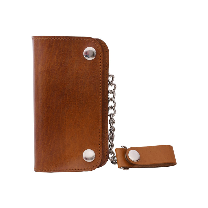 Brown leather key holder with chain on a white background

