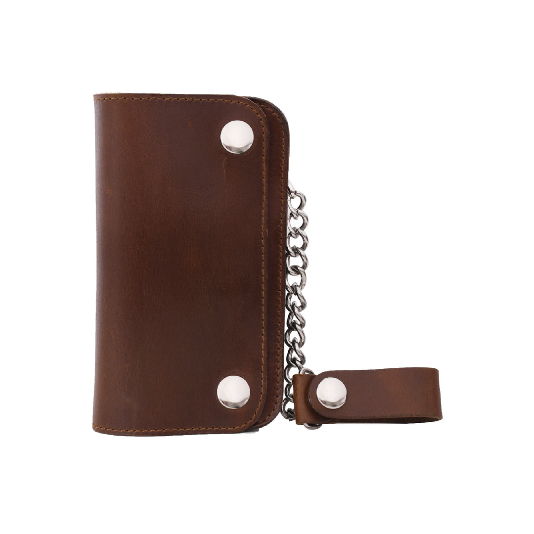 Brown leather wallet with chain and metal studs on a white background


