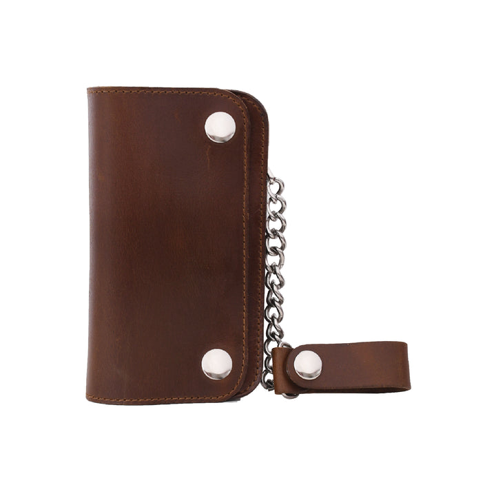 Brown leather wallet with chain and metal studs on a white background

