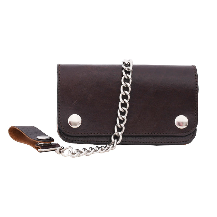 Brown leather wallet with a silver chain on a white background

