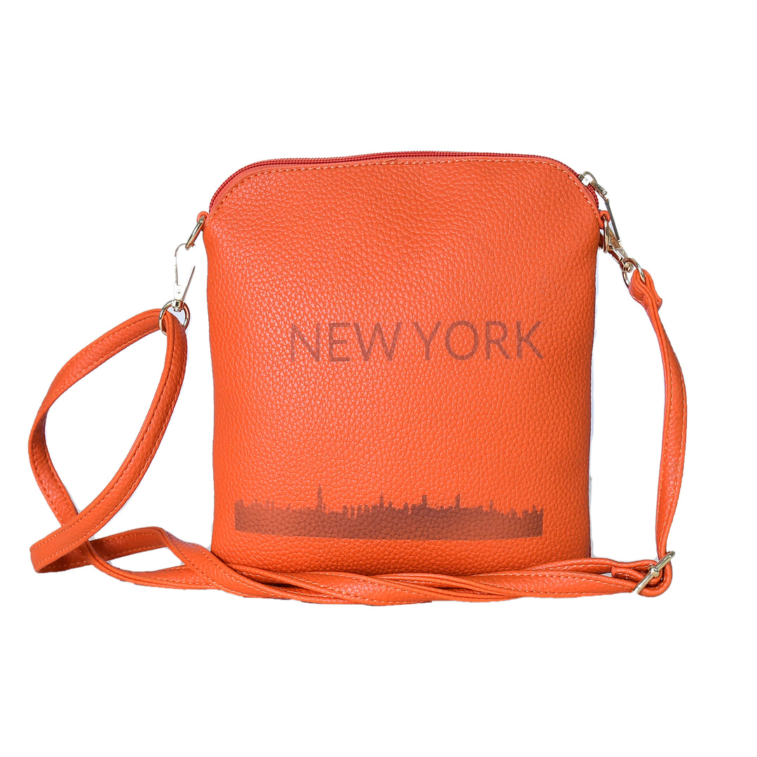 Orange crossbody bag with 'New York' and skyline print on a white background