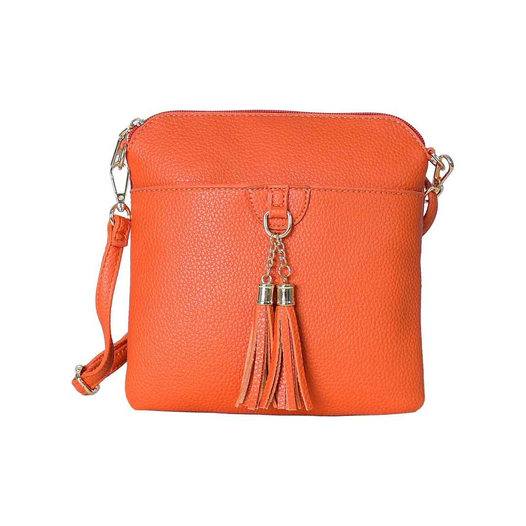 Orange crossbody bag with tassels on a white background
