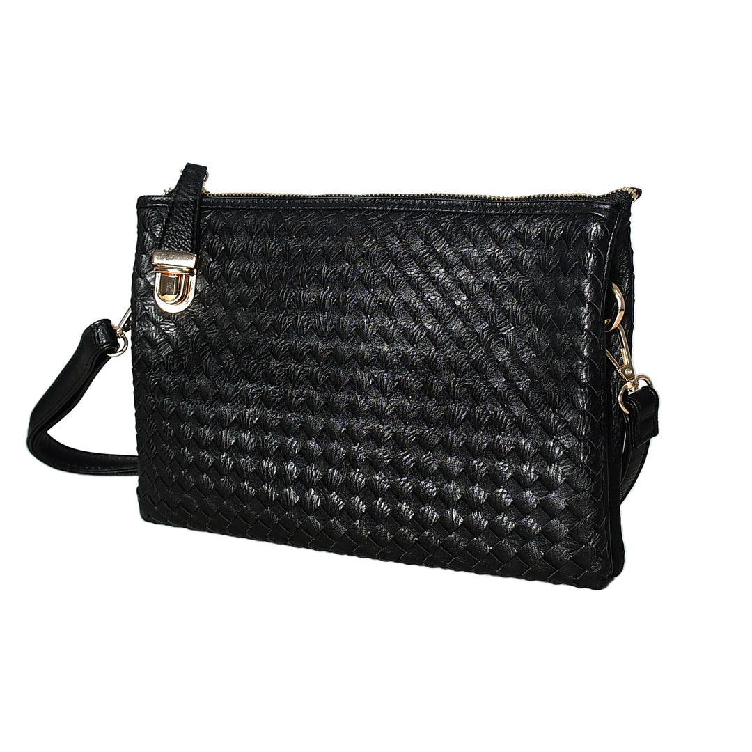 Black woven handbag with gold accents on a white background