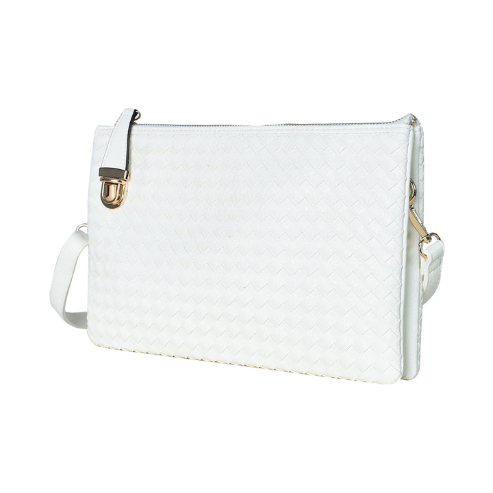 White quilted handbag with a strap on a white background