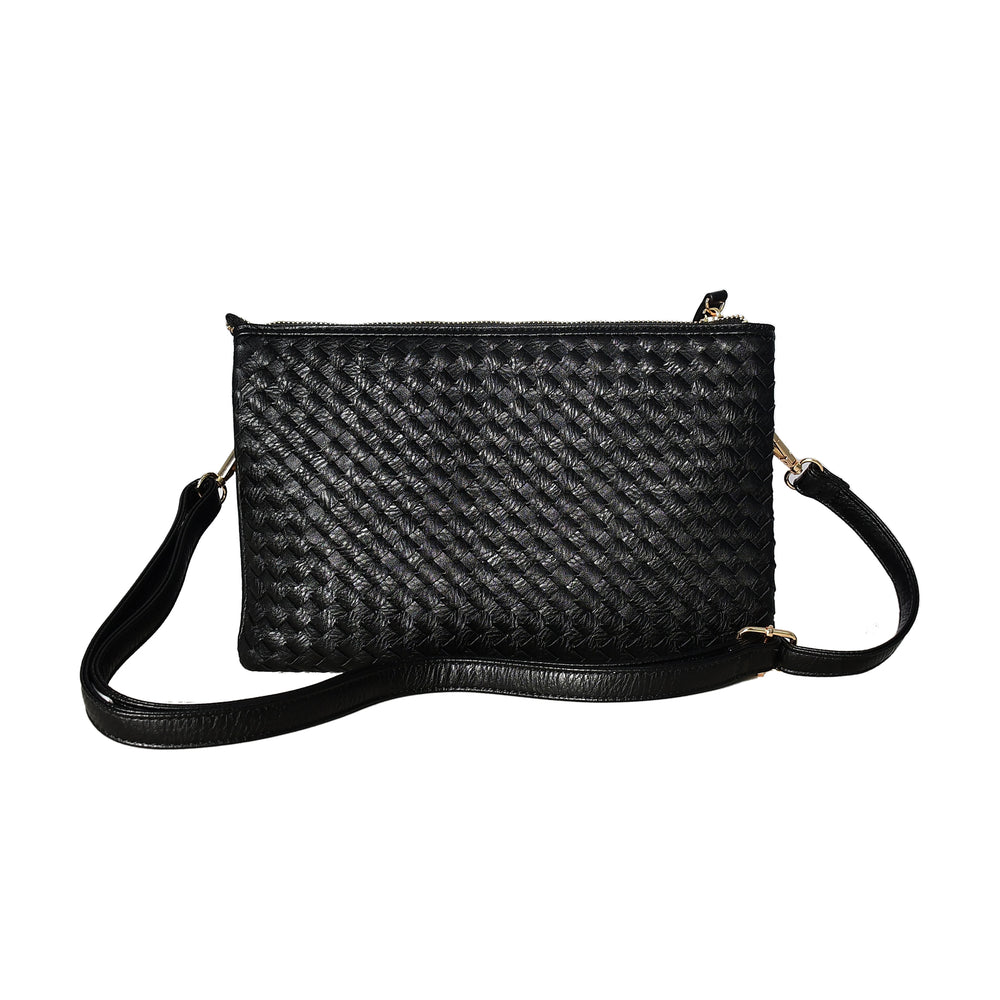Black woven handbag with a strap on a white background