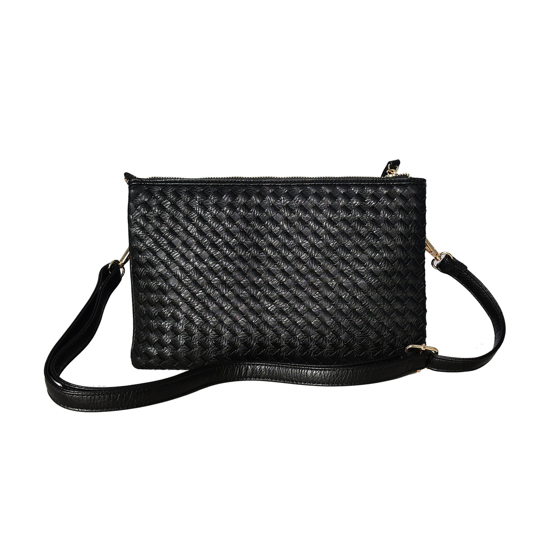 Black woven handbag with a strap on a white background