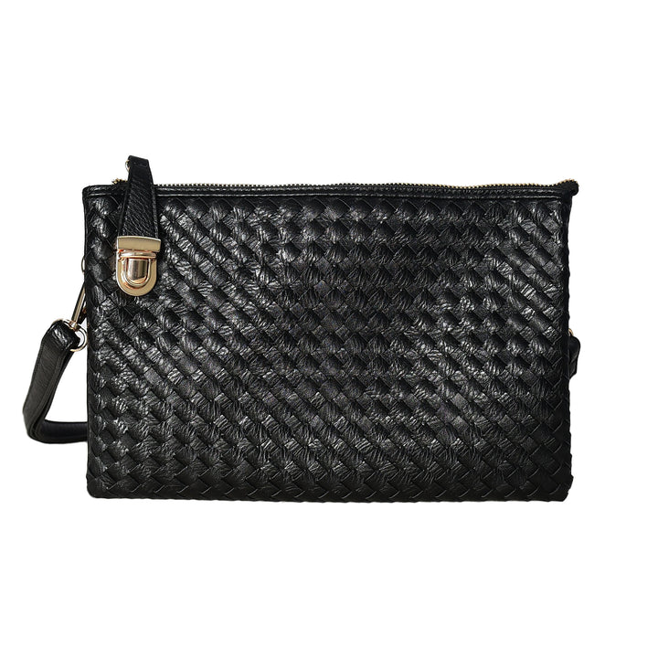 Black woven handbag with a gold clasp on a white background