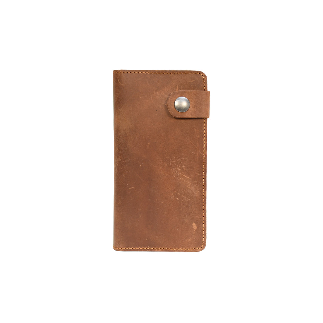 Brown leather wallet with a button on a white background