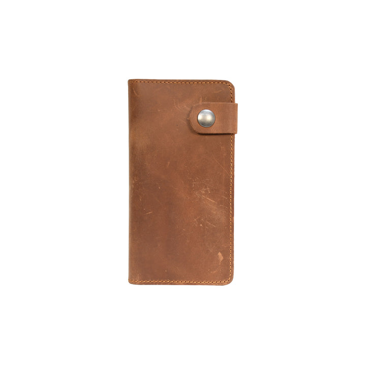 Brown leather wallet with a button on a white background