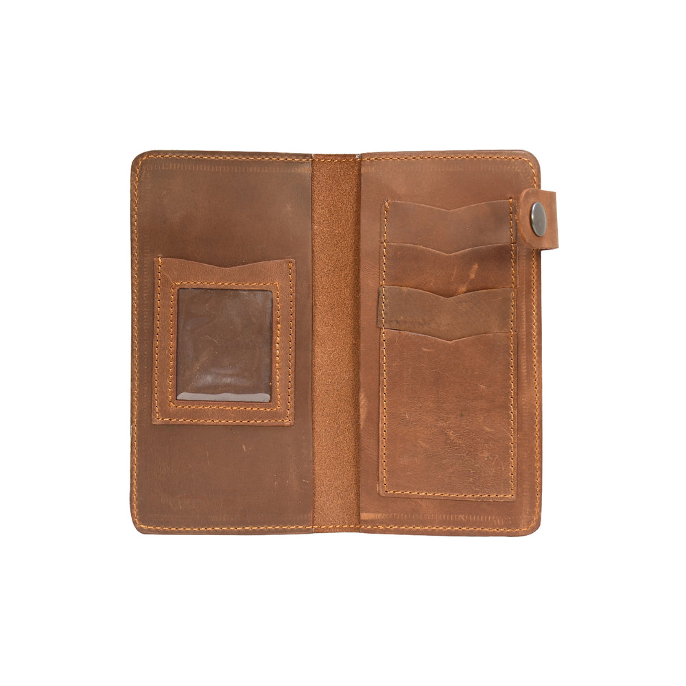 Brown leather wallet with card slots on a white background