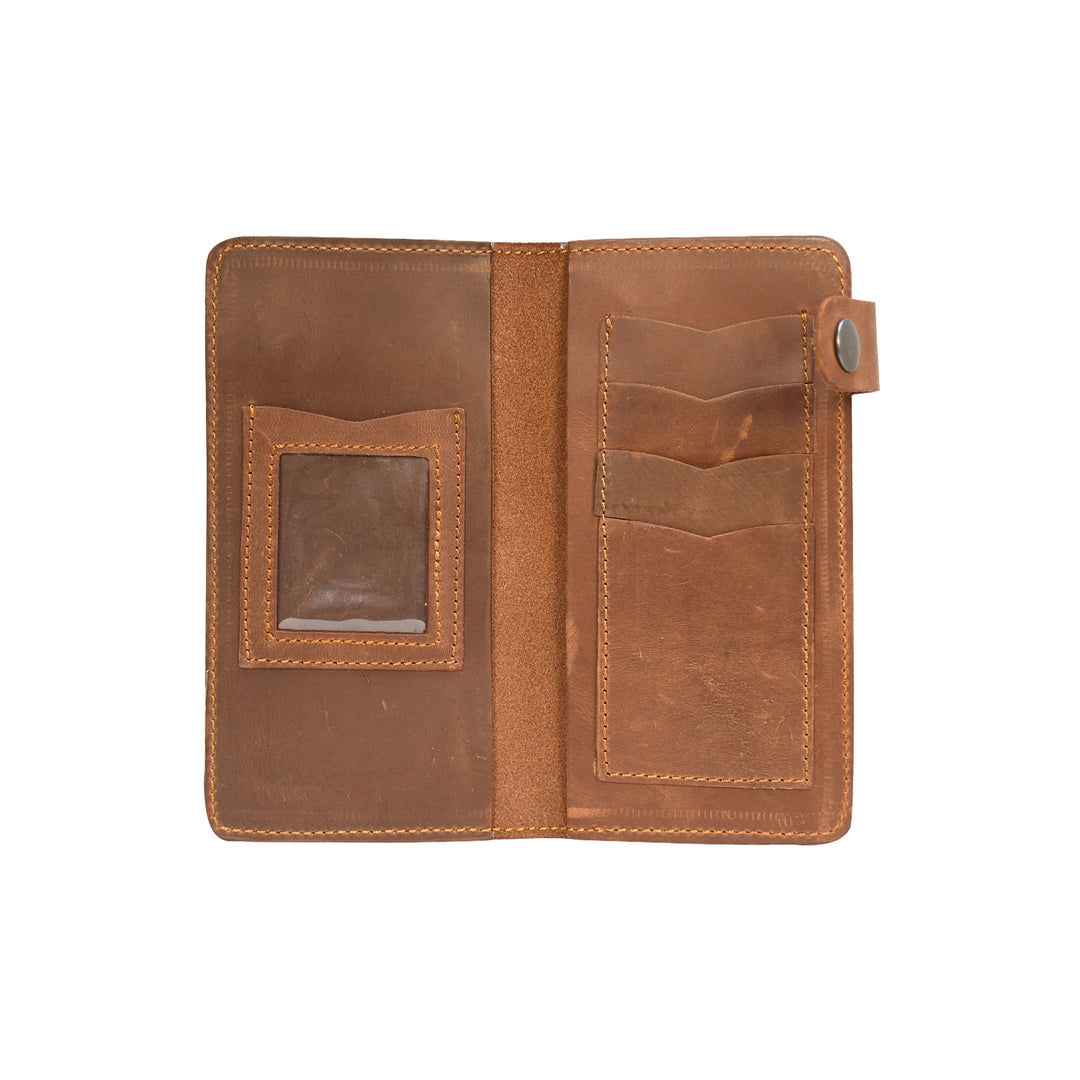 Brown leather wallet with card slots on a white background