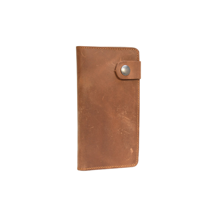Brown leather phone case with a metallic button on a white background