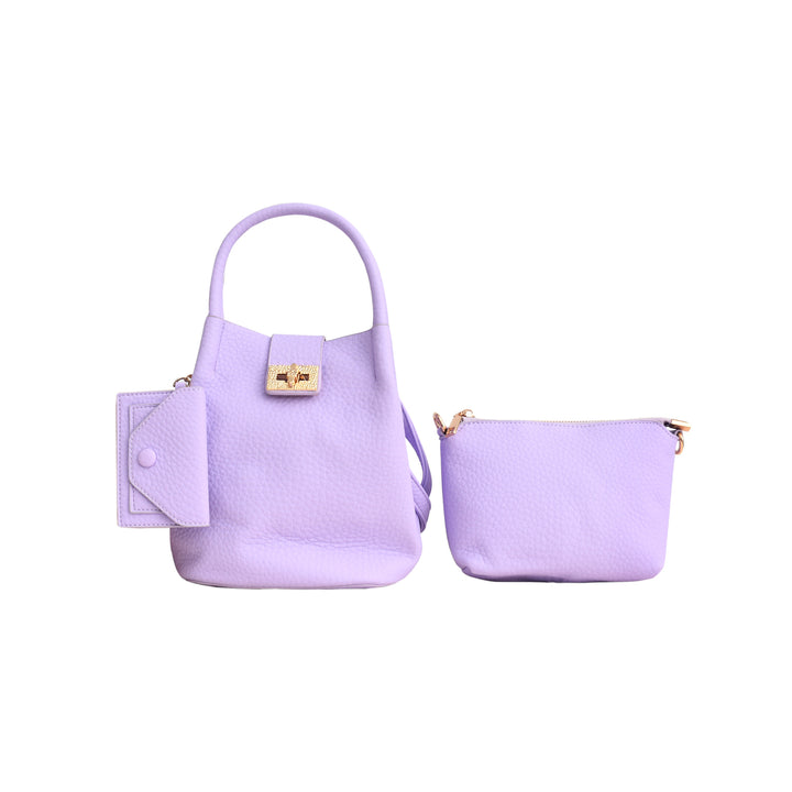 Lavender Pebbled Leather Mini Bucket Bag Set with Pouch & Card Holder