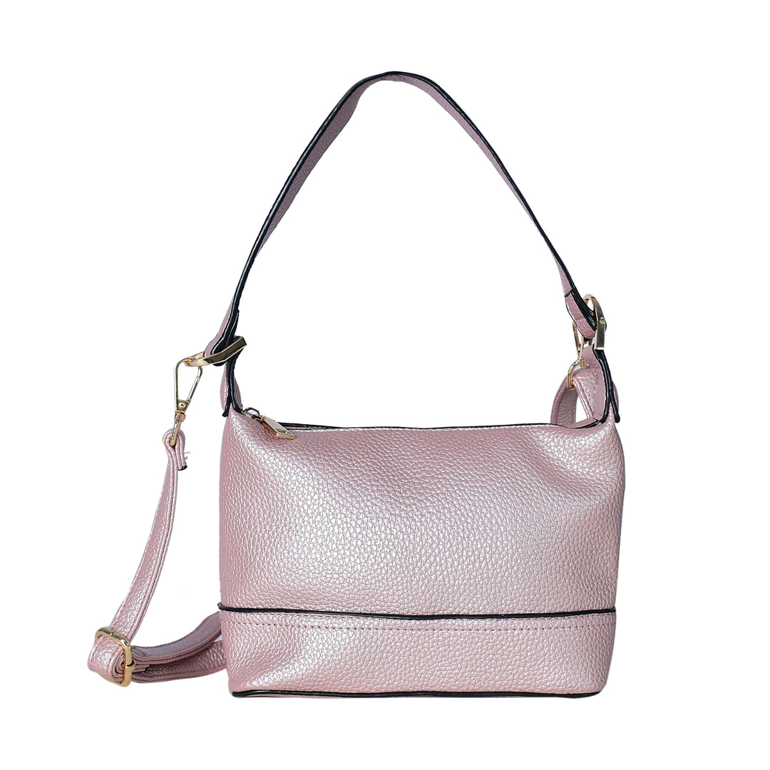 Pink handbag with a strap on a white background
