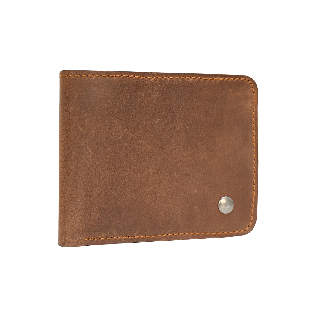 Brown leather wallet with a silver button on a white background