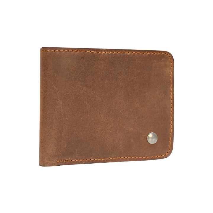 Brown leather wallet with a silver button on a white background