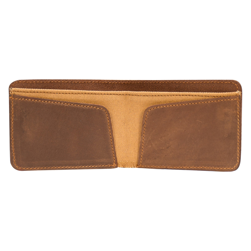 Brown leather wallet with a beige interior on a white background