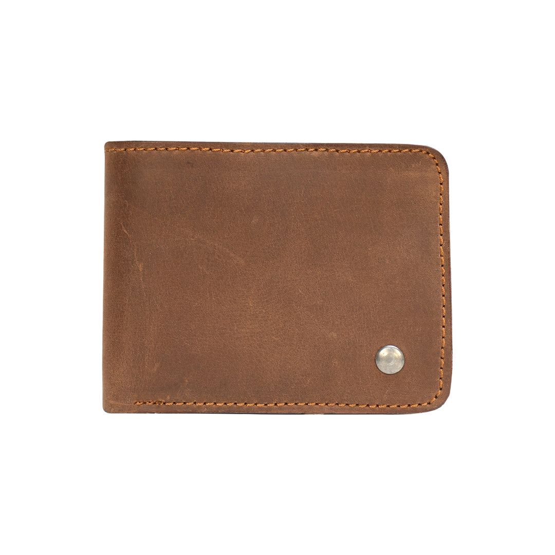 Brown leather wallet with a silver button on a white background