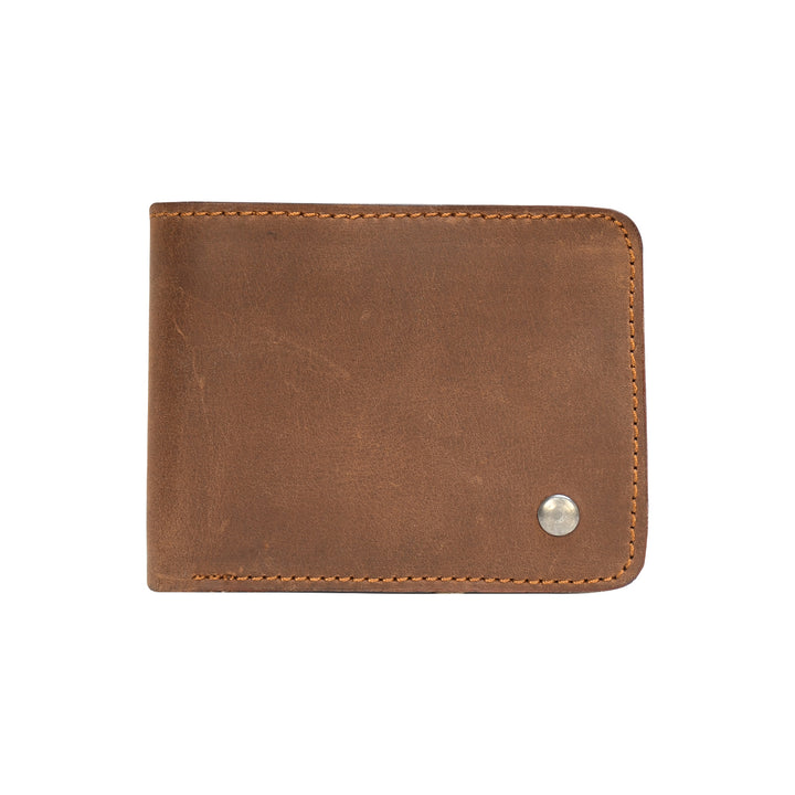 Brown leather wallet with a silver button on a white background