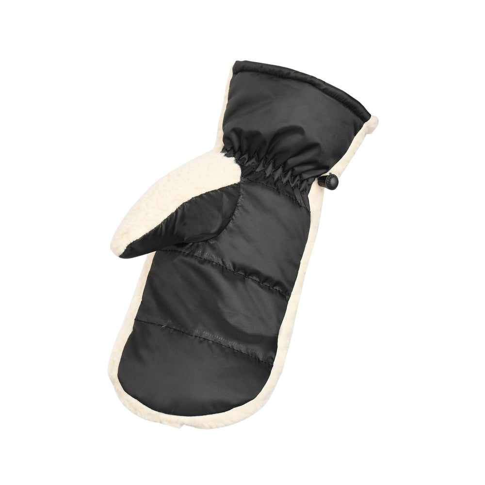 Black oven mitt with white interior on a white background

