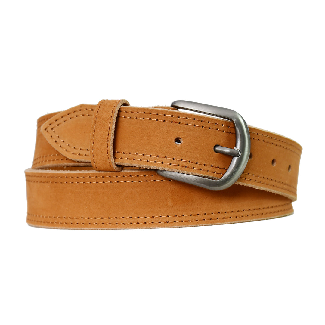 Brown leather belt with a silver buckle on a white background