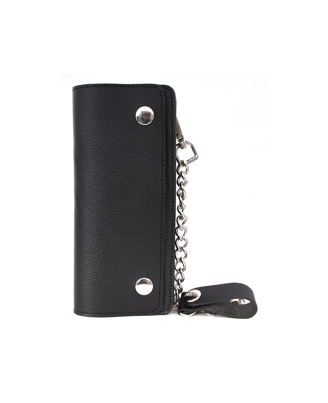 Black leather wallet with chain on a white background

