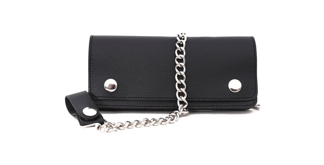Black leather wallet with a chain on a white background

