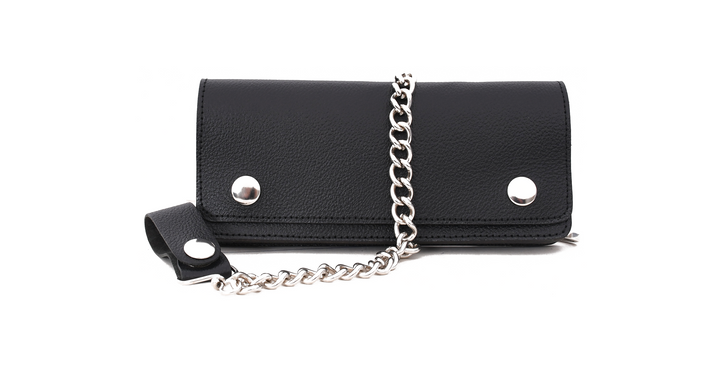 Black leather wallet with a chain on a white background

