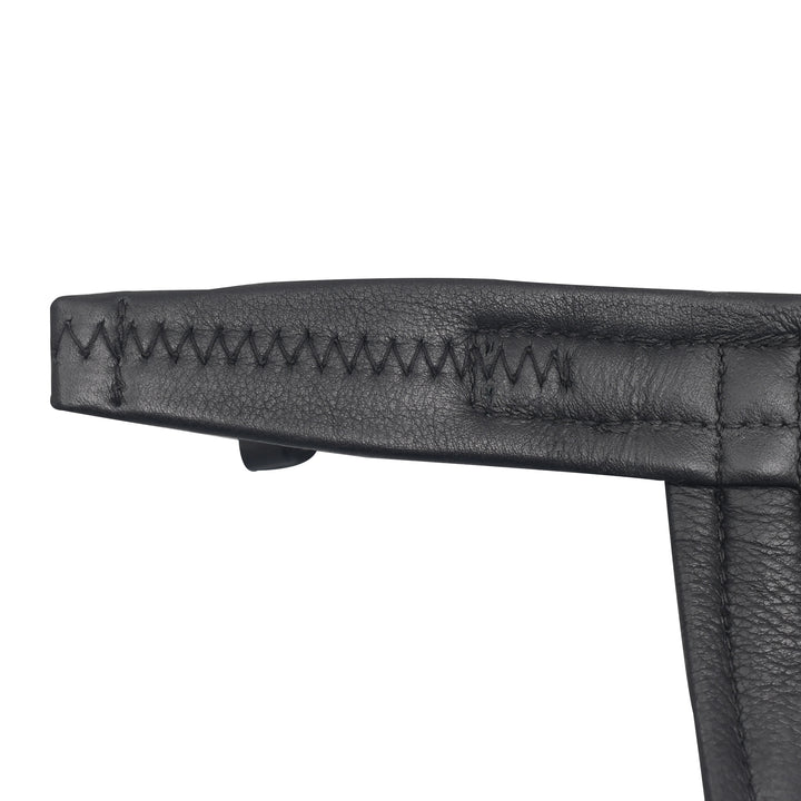 Close-up of a black leather strap with stitching detail on a white background

