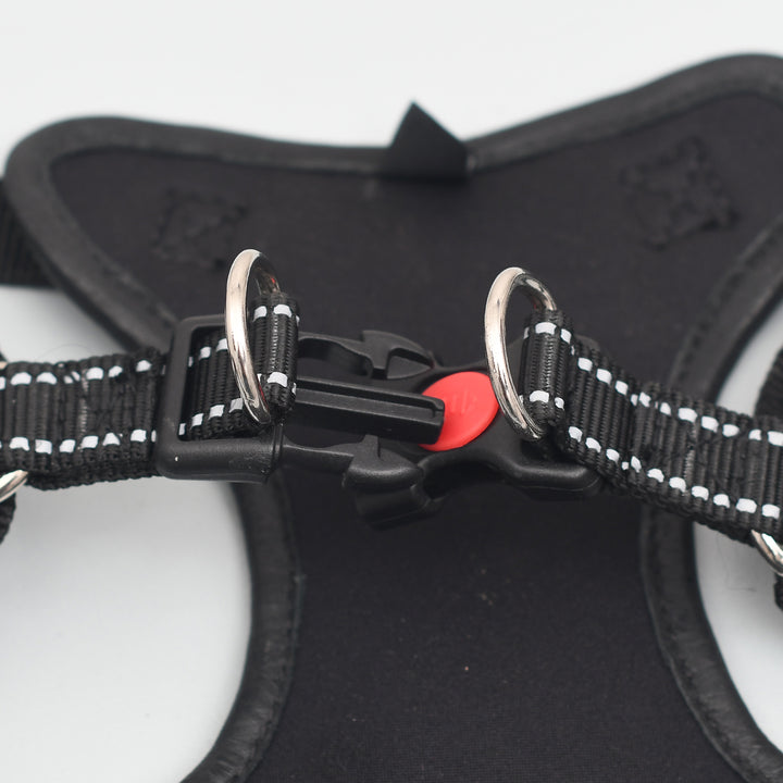 Close-up of a black dog harness with a red buckle on a white background

