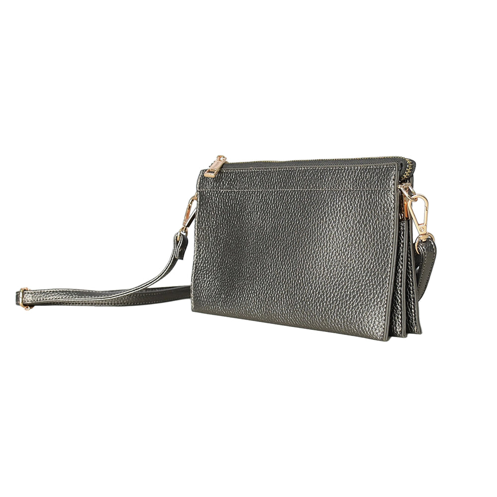 Gray leather crossbody bag on a white background