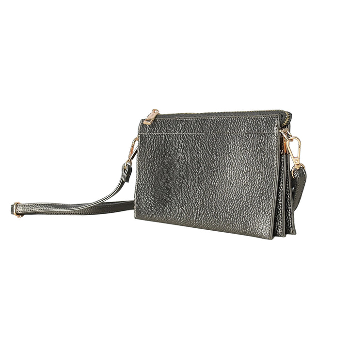 Gray leather crossbody bag on a white background