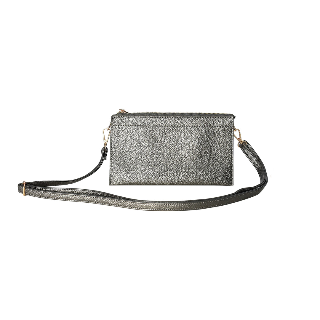 Silver crossbody bag on a white background