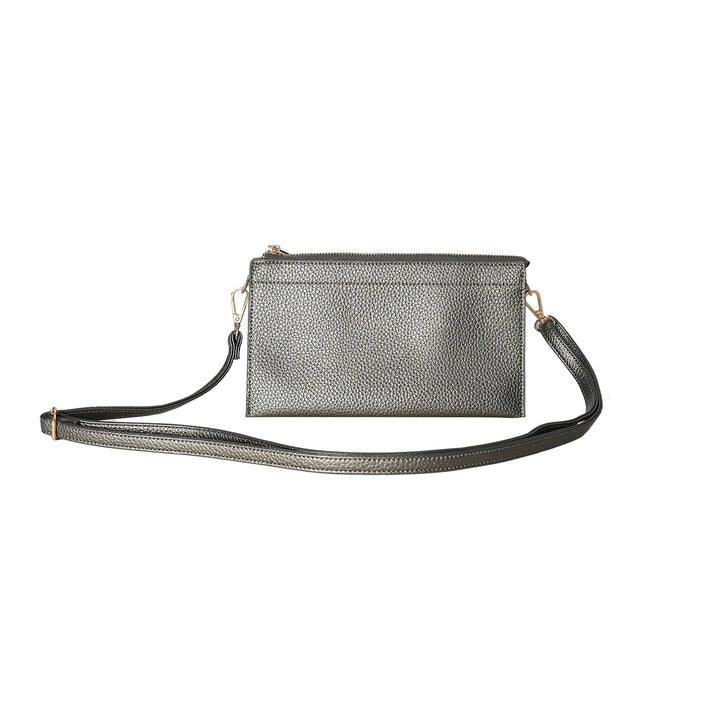 Silver crossbody bag on a white background