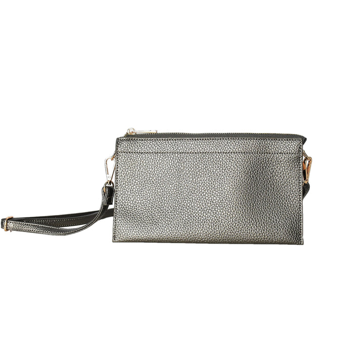 Silver clutch bag with a strap on a white background