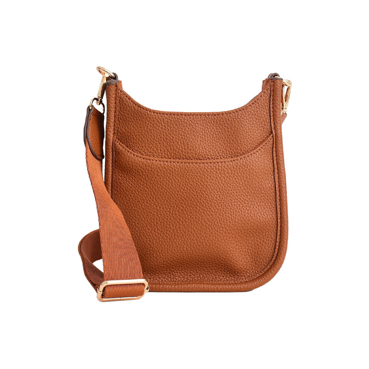 Brown leather crossbody bag on a white background