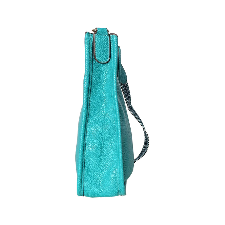 Turquoise handbag with a strap on a white background