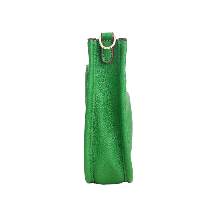 Green leather phone case with a strap on a white background