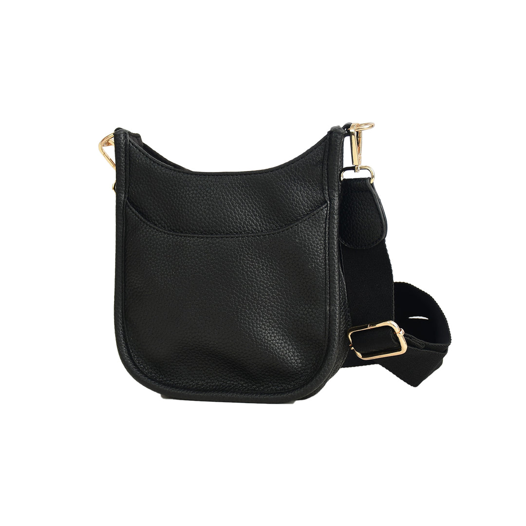 Black leather handbag with gold hardware on a white background